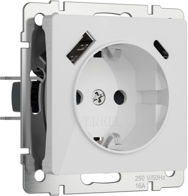 Розетка с заземлением,шторками и USB Type A+С (белый акрил) Werkel W1171741 (a064014)